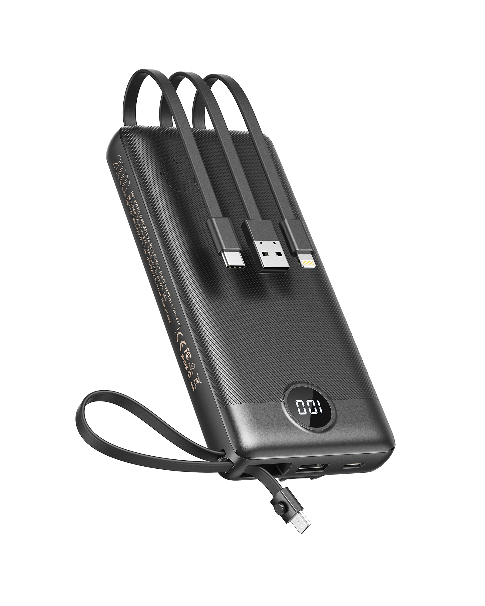 10000mAh Multi-Cable Portable Charger with LED Display