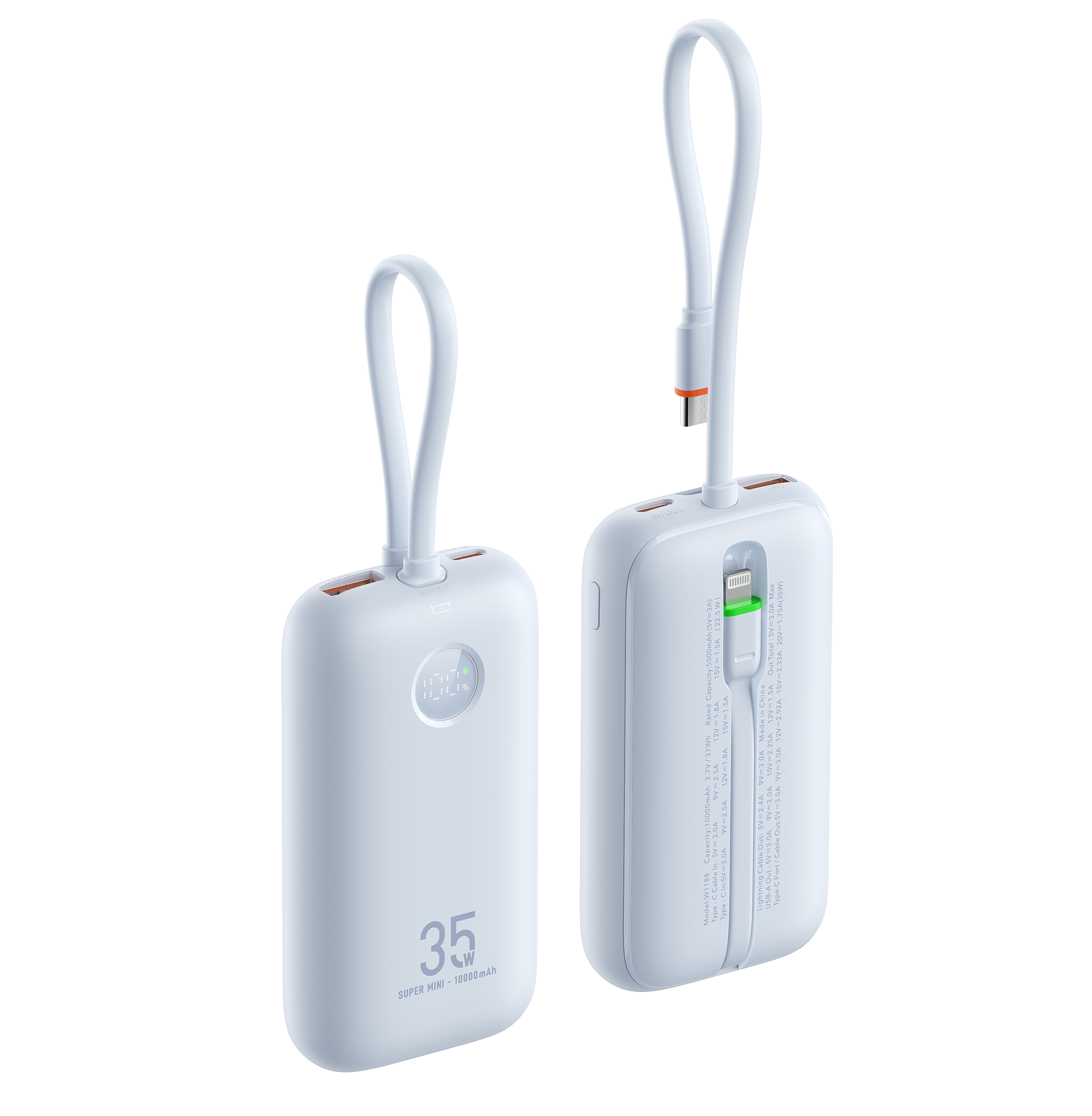 10000mAh Power Bank with Built-in Dual Cables 35W