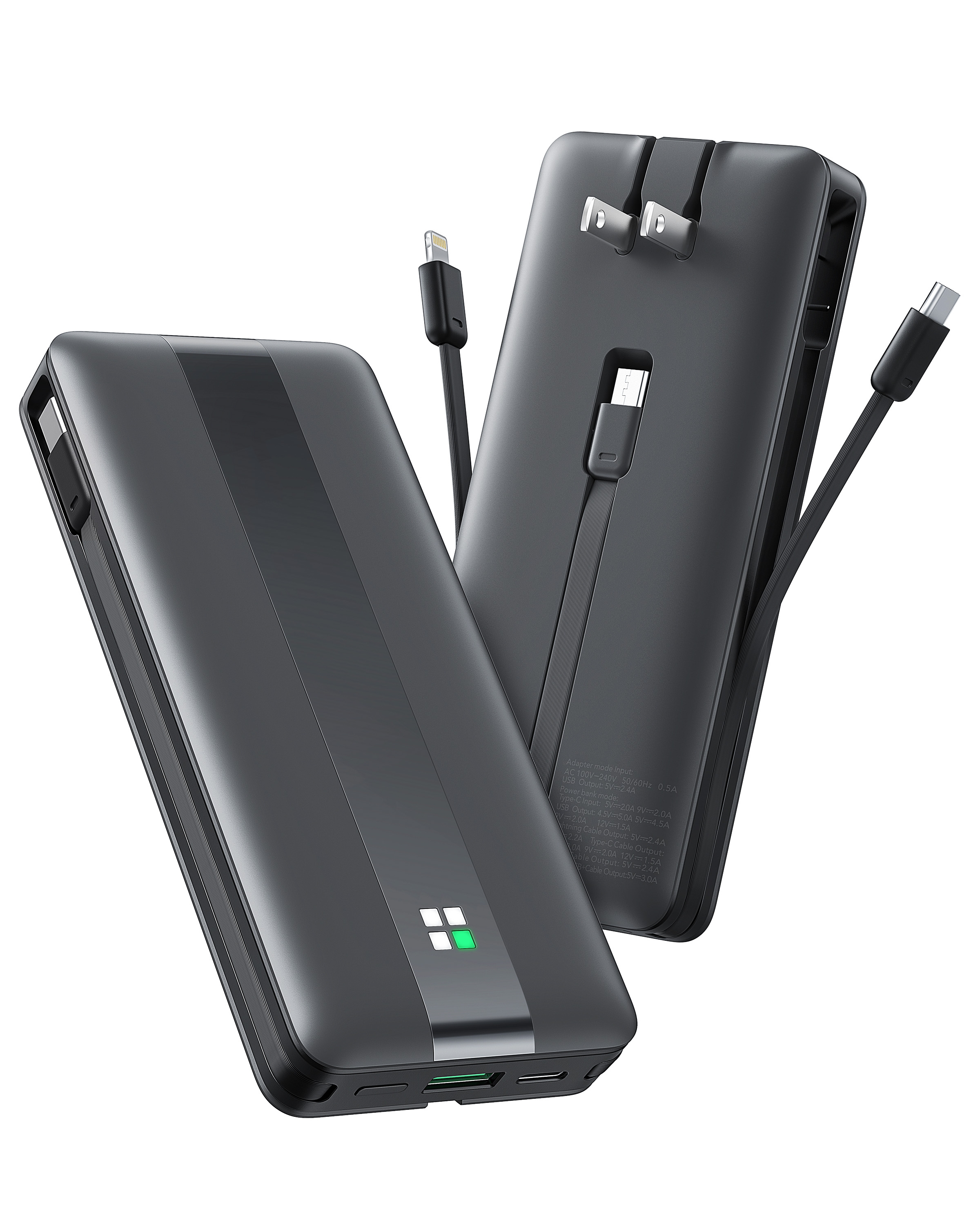 10000mAh Power Bank with Built-in Fast Plug & Cables